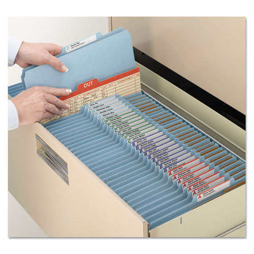 Image of Smead Six-Section Pressboard Top Tab Classification Folders, Six SafeSHIELD Fasteners, 2 Dividers, Legal Size, Blue, 10/Box