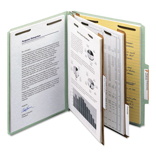 Image of Smead Recycled Pressboard Classification Folders, 2" Expansion, 2 Dividers, 6 Fasteners, Letter Size, Gray-Green, 10/Box