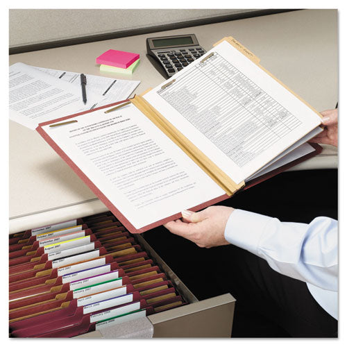 Image of Smead Pressboard Classification Folders, Six SafeSHIELD Fasteners, 2/5-Cut Tabs, 2 Dividers, Letter Size, Red, 10/Box