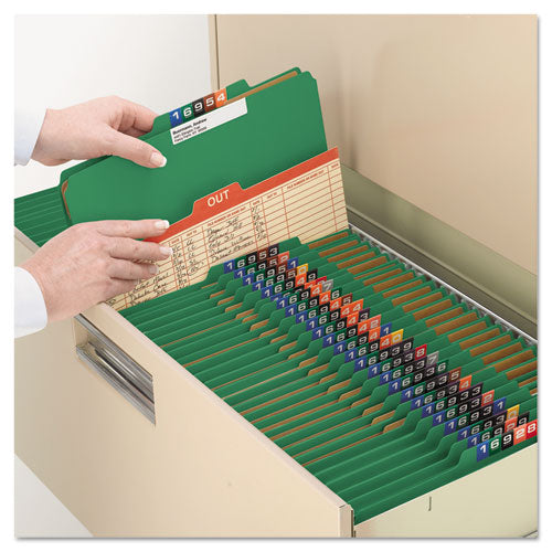 Image of Smead Eight-Section Pressboard Top Tab Classification Folders, Eight SafeSHIELD Fasteners, 3 Dividers, Letter Size, Green, 10/Box