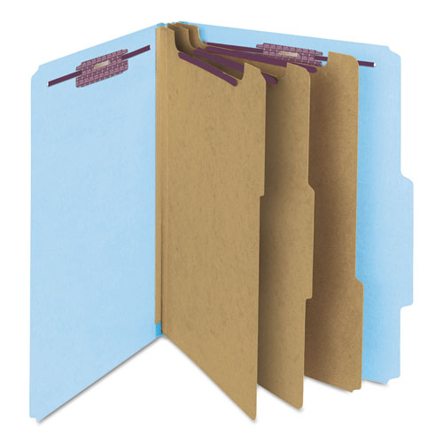 Image of Smead Pressboard Top Tab Classification Folders, Eight SafeSHIELD Fasteners, 3" Expansion, 3 Dividers, Letter Size, Blue, 10/Box