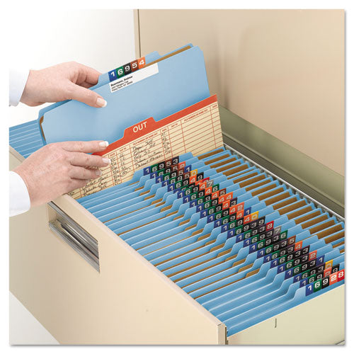Image of Smead Pressboard Top Tab Classification Folders, Eight SafeSHIELD Fasteners, 3" Expansion, 3 Dividers, Letter Size, Blue, 10/Box
