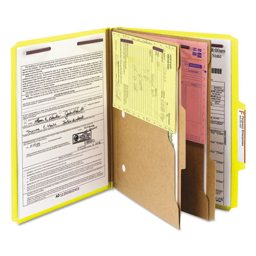 Image of Smead 6-Section Pressboard Top Tab Pocket Classification Folders, 6 SafeSHIELD Fasteners, 2 Dividers, Letter Size, Yellow, 10/Box