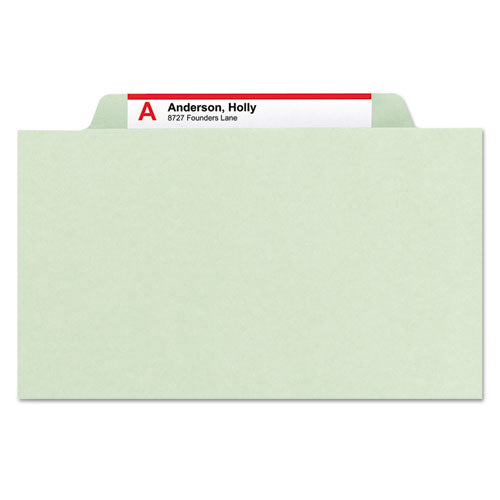 Image of Smead Pressboard Classification Folders, Four SafeSHIELD Fasteners, 2/5-Cut Tabs, 1 Divider, Legal Size, Gray-Green, 10/Box