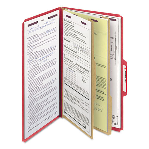 Image of Smead Six-Section Pressboard Top Tab Classification Folders, Six SafeSHIELD Fasteners, 2 Dividers, Legal Size, Bright Red, 10/Box