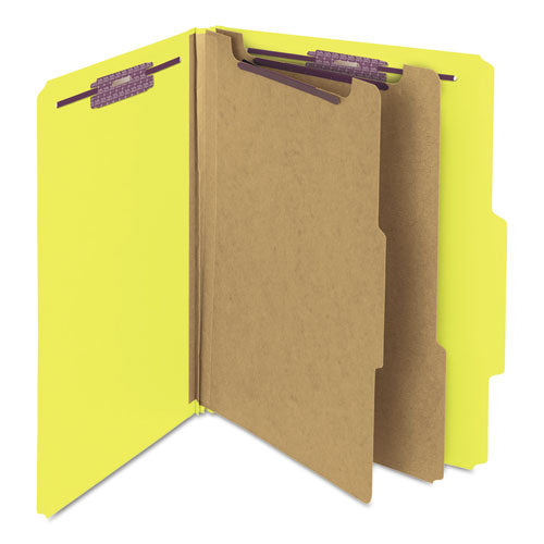 Image of Smead Six-Section Pressboard Top Tab Classification Folders, Six SafeSHIELD Fasteners, 2 Dividers, Letter Size, Yellow, 10/Box