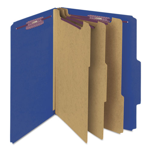 Image of Smead Eight-Section Pressboard Top Tab Classification Folders, 8 SafeSHIELD Fasteners, 3 Dividers, Letter Size, Dark Blue, 10/Box