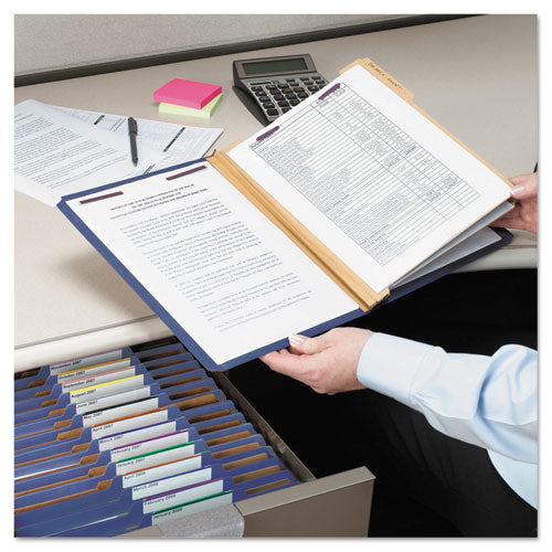 Image of Smead Six-Section Pressboard Top Tab Classification Folders, Six SafeSHIELD Fasteners, 2 Dividers, Letter Size, Dark Blue, 10/Box
