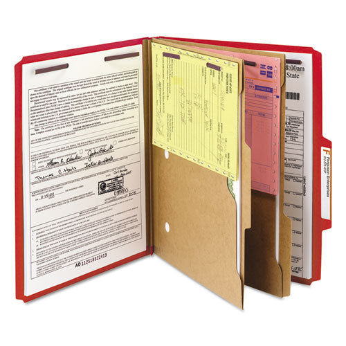 Image of Smead 6-Section Pressboard Top Tab Pocket Classification Folders, 6 SafeSHIELD Fasteners, 2 Dividers, Letter Size, Bright Red,10/BX