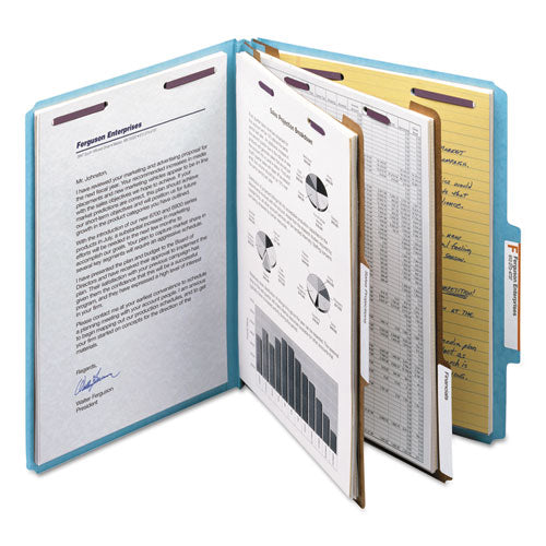 Image of Smead Six-Section Pressboard Top Tab Classification Folders, Six SafeSHIELD Fasteners, 2 Dividers, Letter Size, Blue, 10/Box