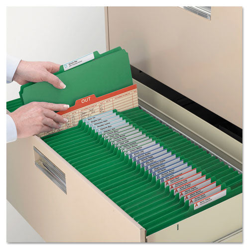 Image of Smead Six-Section Pressboard Top Tab Classification Folders, Six SafeSHIELD Fasteners, 2 Dividers, Legal Size, Green, 10/Box
