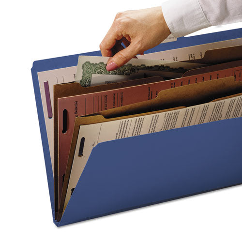 Image of Smead 6-Section Pressboard Top Tab Pocket Classification Folders, 6 SafeSHIELD Fasteners, 2 Dividers, Letter Size, Dark Blue, 10/BX
