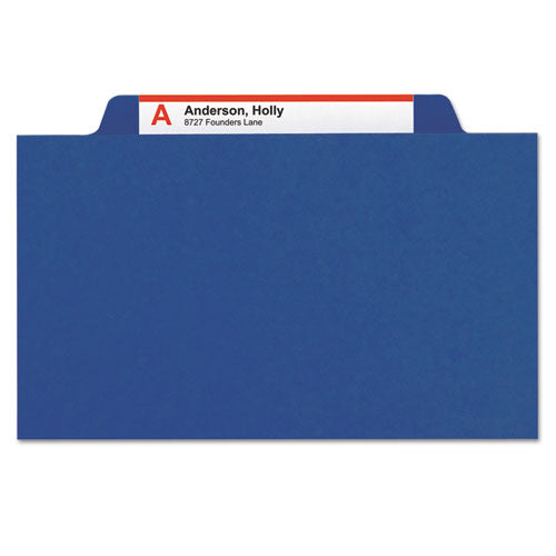 Image of Smead Six-Section Pressboard Top Tab Classification Folders, Six SafeSHIELD Fasteners, 2 Dividers, Letter Size, Dark Blue, 10/Box