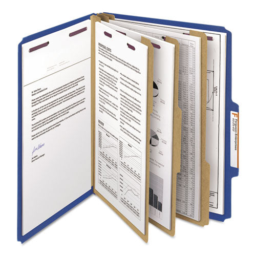 Image of Smead Eight-Section Pressboard Top Tab Classification Folders, 8 SafeSHIELD Fasteners, 3 Dividers, Letter Size, Dark Blue, 10/Box