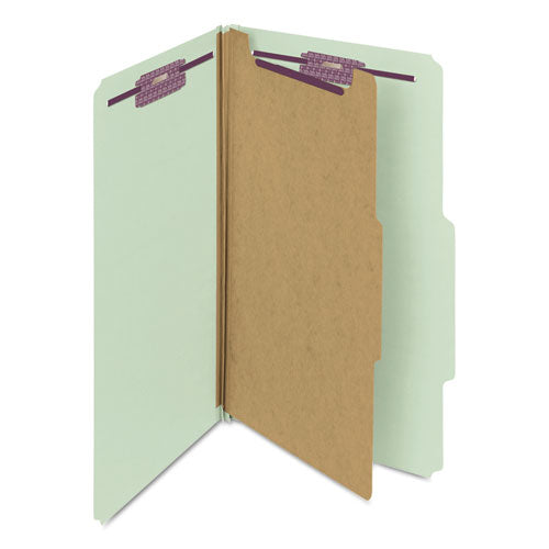 Image of Smead Pressboard Classification Folders, Four SafeSHIELD Fasteners, 2/5-Cut Tabs, 1 Divider, Legal Size, Gray-Green, 10/Box
