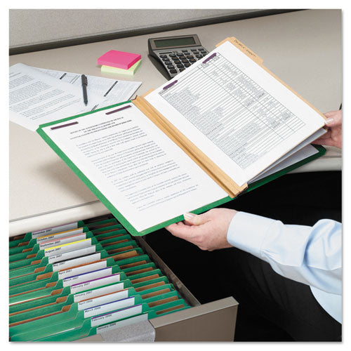 Image of Smead Six-Section Pressboard Top Tab Classification Folders, Six SafeSHIELD Fasteners, 2 Dividers, Letter Size, Green, 10/Box
