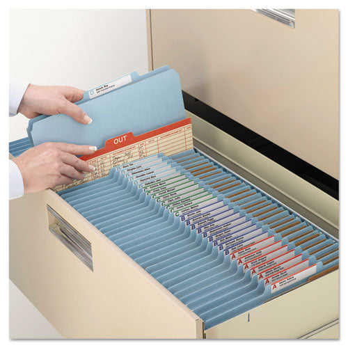 Image of Smead 6-Section Pressboard Top Tab Pocket Classification Folders, 6 SafeSHIELD Fasteners, 2 Dividers, Letter Size, Blue, 10/Box
