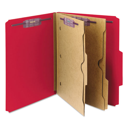 Image of Smead 6-Section Pressboard Top Tab Pocket Classification Folders, 6 SafeSHIELD Fasteners, 2 Dividers, Letter Size, Bright Red,10/BX