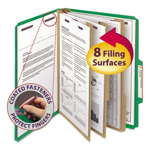 Image of Smead Eight-Section Pressboard Top Tab Classification Folders, Eight SafeSHIELD Fasteners, 3 Dividers, Letter Size, Green, 10/Box