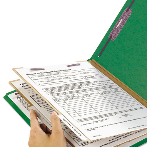 Image of Smead Six-Section Pressboard Top Tab Classification Folders, Six SafeSHIELD Fasteners, 2 Dividers, Legal Size, Green, 10/Box