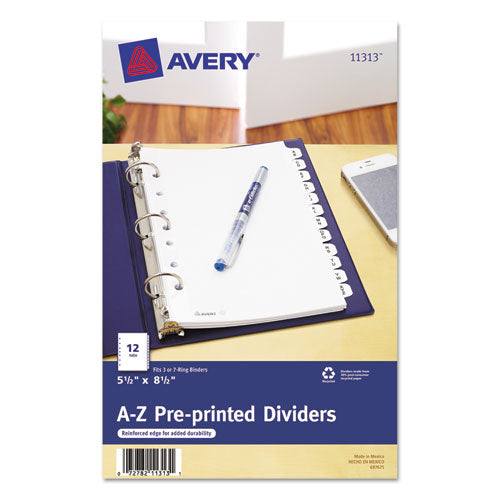 Image of Avery® preprinted tab dividers, 12-tab, a to z, 8.5 x 5.5, white, 1 set