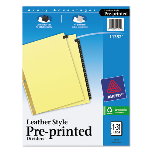 Image of Avery® Preprinted Black Leather Tab Dividers w/Gold Reinforced Edge, 31-Tab, 1 to 31, 11 x 8.5, Buff, 1 Set