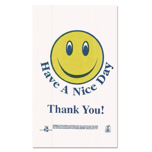 Image of Barnes Paper Company Smiley Face Shopping Bags, Thank You - Have a Nice Day Labeling, Cut-Out Handles, 11.5" x 6.5" x 21", White/Red, 900/Carton