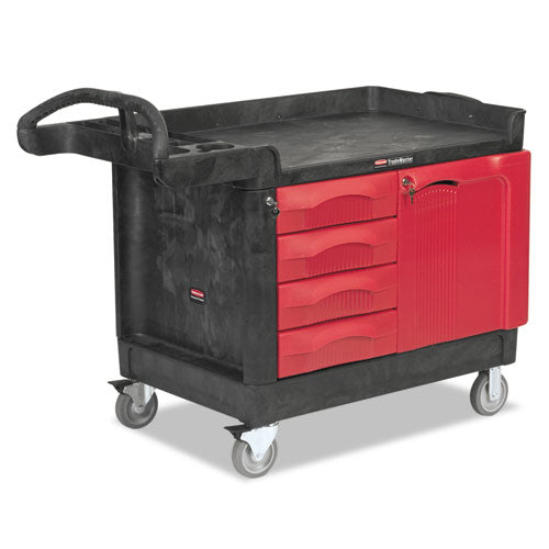 Image of Rubbermaid® Commercial TradeMaster Cart with One Door, Plastic, 3 Shelves, 4 Drawers, 750 lb Capacity, 26.25" x 49" x 38", Black