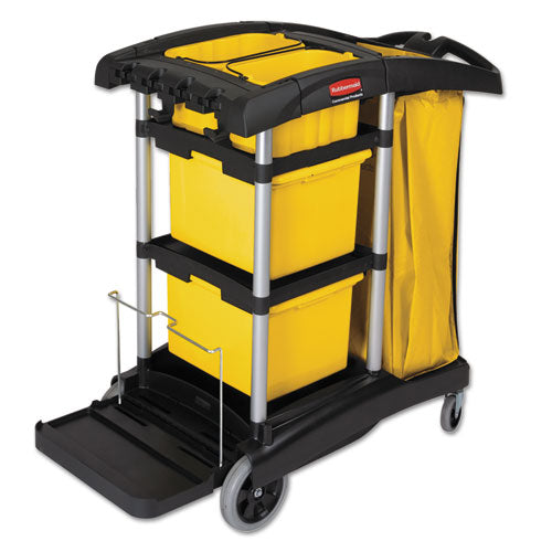 Image of Rubbermaid® Commercial HYGEN HYGEN Microfiber Healthcare Cleaning Cart, Plastic, 3 Shelves, 5 Bins, 22" x 48.25" x 44", Yellow/Black/Silver