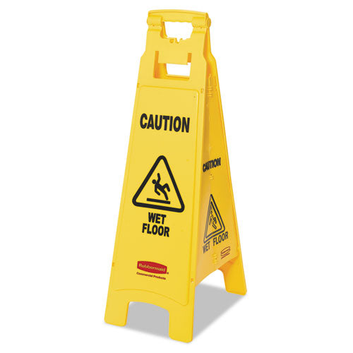 Image of Rubbermaid® Commercial Caution Wet Floor Sign, 4-Sided, 12 X 16 X 38, Yellow