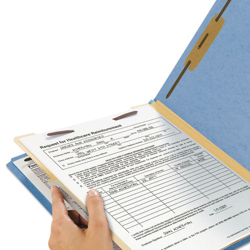 Image of Smead Top Tab Classification Folders, Four SafeSHIELD Fasteners, 2" Expansion, 1 Divider, Letter Size, Blue Exterior, 10/Box