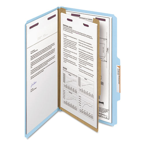 Image of Smead Four-Section Pressboard Top Tab Classification Folders, Four SafeSHIELD Fasteners, 1 Divider, Legal Size, Blue, 10/Box