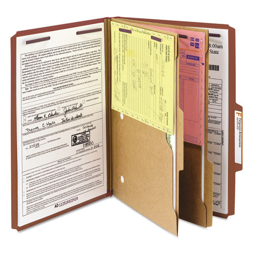 Image of Smead 6-Section Pressboard Top Tab Pocket Classification Folders, 6 SafeSHIELD Fasteners, 2 Dividers, Legal Size, Red, 10/Box