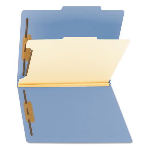 Image of Smead Top Tab Classification Folders, Four SafeSHIELD Fasteners, 2" Expansion, 1 Divider, Letter Size, Blue Exterior, 10/Box