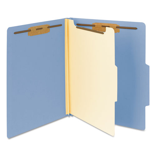Image of Smead Top Tab Classification Folders, Four SafeSHIELD Fasteners, 2" Expansion, 1 Divider, Letter Size, Blue Exterior, 10/Box