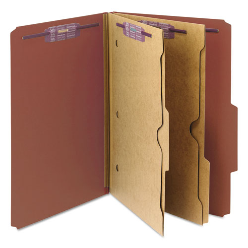 Image of Smead 6-Section Pressboard Top Tab Pocket Classification Folders, 6 SafeSHIELD Fasteners, 2 Dividers, Legal Size, Red, 10/Box