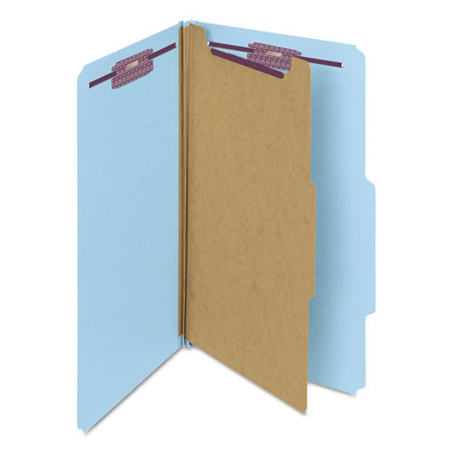Image of Smead Four-Section Pressboard Top Tab Classification Folders, Four SafeSHIELD Fasteners, 1 Divider, Legal Size, Blue, 10/Box