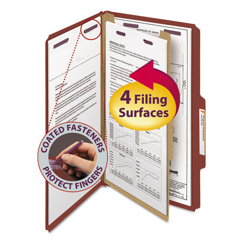 Image of Smead Pressboard Classification Folders, Four SafeSHIELD Fasteners, 2/5-Cut Tabs, 1 Divider, Legal Size, Red, 10/Box