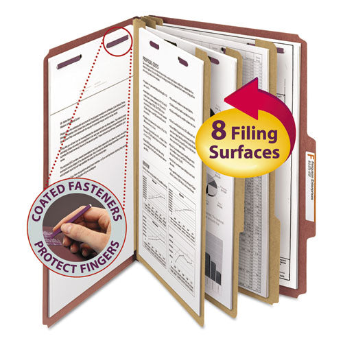 Image of Smead Pressboard Classification Folders, Eight SafeSHIELD Fasteners, 2/5-Cut Tabs, 3 Dividers, Legal Size, Red, 10/Box