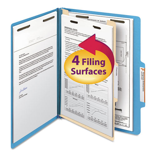 Image of Smead Top Tab Classification Folders, Four SafeSHIELD Fasteners, 2" Expansion, 1 Divider, Letter Size, Blue Exterior, 10/Box