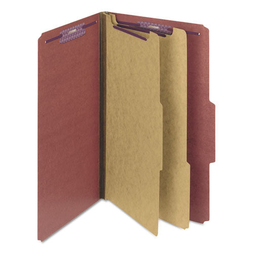 Image of Smead Pressboard Classification Folders, Six SafeSHIELD Fasteners, 2/5-Cut Tabs, 2 Dividers, Legal Size, Red, 10/Box