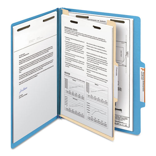 Image of Smead Top Tab Classification Folders, Four SafeSHIELD Fasteners, 2" Expansion, 1 Divider, Letter Size, Blue Exterior, 10/Box