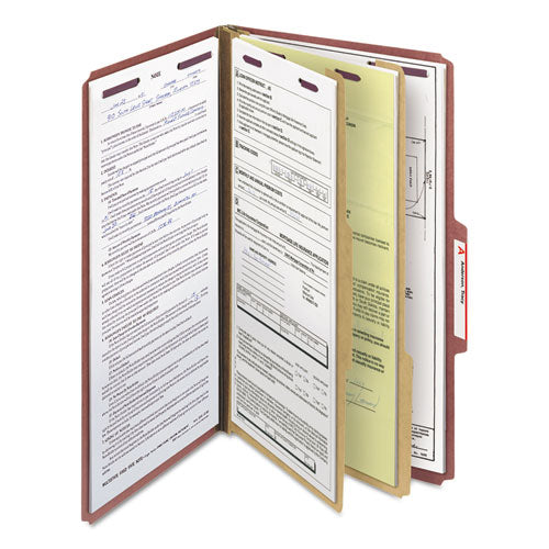Image of Smead Pressboard Classification Folders, Six SafeSHIELD Fasteners, 2/5-Cut Tabs, 2 Dividers, Legal Size, Red, 10/Box