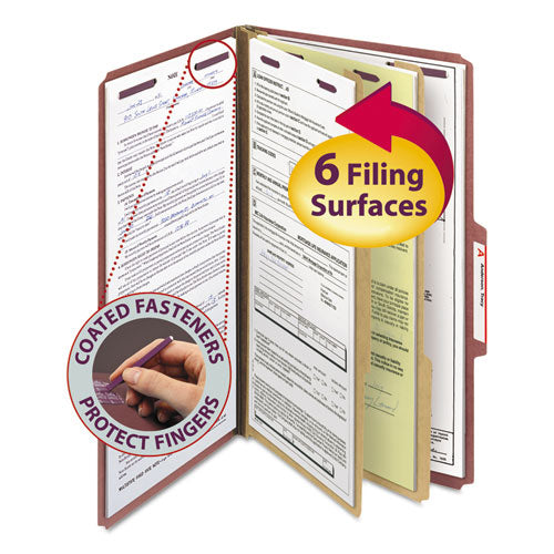 Image of Smead Pressboard Classification Folders, Six SafeSHIELD Fasteners, 2/5-Cut Tabs, 2 Dividers, Legal Size, Red, 10/Box