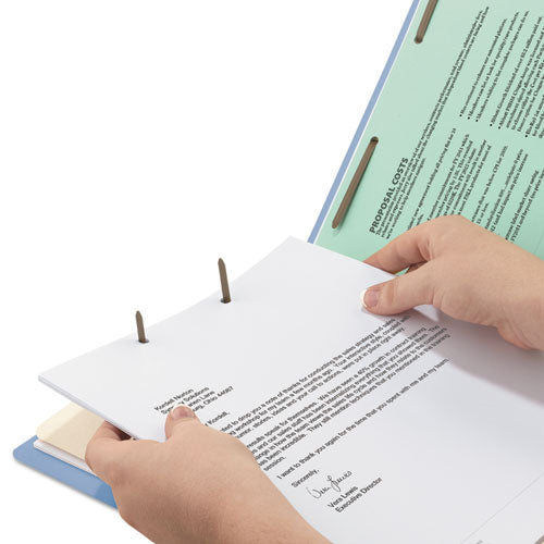 Image of Smead Top Tab Classification Folders, Four SafeSHIELD Fasteners, 2" Expansion, 1 Divider, Letter Size, Blue Exterior, 10/Box