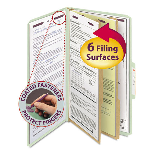 Image of Smead Pressboard Classification Folders, Six SafeSHIELD Fasteners, 2/5-Cut Tabs, 2 Dividers, Legal Size, Gray-Green, 10/Box