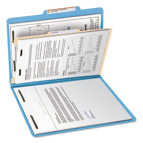 Image of Smead Top Tab Classification Folders, Four SafeSHIELD Fasteners, 2" Expansion, 1 Divider, Letter Size, Blue Exterior, 10/Box