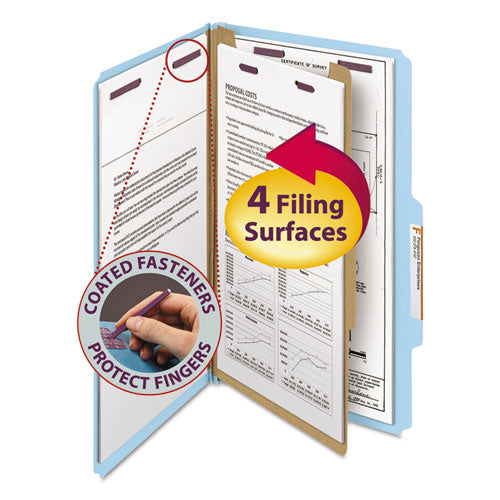 Image of Smead Four-Section Pressboard Top Tab Classification Folders, Four SafeSHIELD Fasteners, 1 Divider, Legal Size, Blue, 10/Box