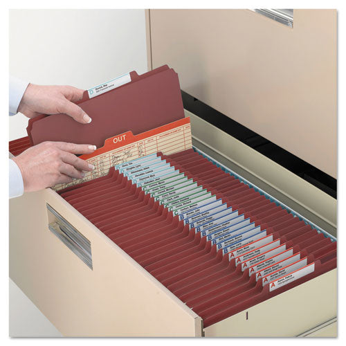 Image of Smead 6-Section Pressboard Top Tab Pocket Classification Folders, 6 SafeSHIELD Fasteners, 2 Dividers, Legal Size, Red, 10/Box