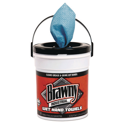 Image of Brawny® Professional Wet Hand Towels, 1-Ply, 8.6 x 12.2, Fresh Scent, Blue, 84/Pail, 6/Carton